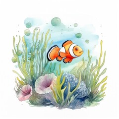 Fototapeta na wymiar Painting of cute clown fish in a marine environment with seaweeds watercolors Generative AI Illustration