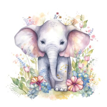 Painting of an adorable baby elephant with spring colorful flowers watercolors Generative AI Illustration