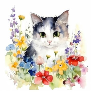 Painting of a cute black and white baby cat with spring colorful flowers watercolors Generative AI Illustration