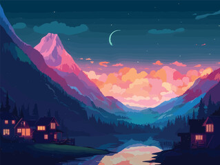 Minimalist Anime Night: A Textured Cartoon Landscape in Color Field Style