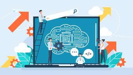 Artificial intelligence, machine learning. Programmers with computer learning AI. Data, brain with digital circuit. Brain with neural network on laptop and scientists, tiny people. Vector illustration