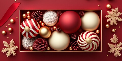 Top view photo of vibrant red Christmas decorations on an isolated red background with plenty of copyspace. Perfect for holiday-themed projects.