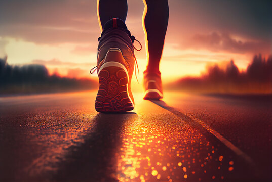 healthy lifestyle concept. an athletic legs on road during sunrise or sunset, starting workout run. Generative AI