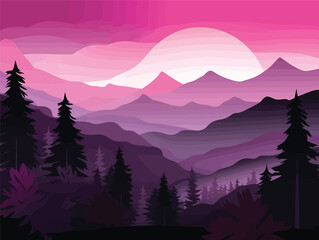 Purple Horizon: A Gradientscape of Mountains and Trees