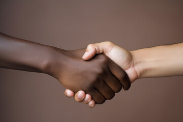 Two people, one African, one Caucasian, shaking hands. Generative AI
