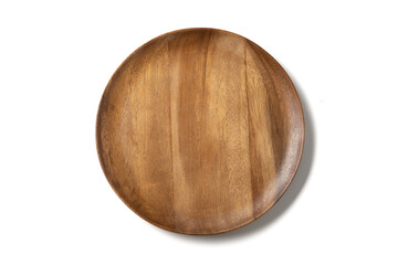 Top view,Antique wooden plate With beautiful patterns, plate food or coffee isolated on white background.