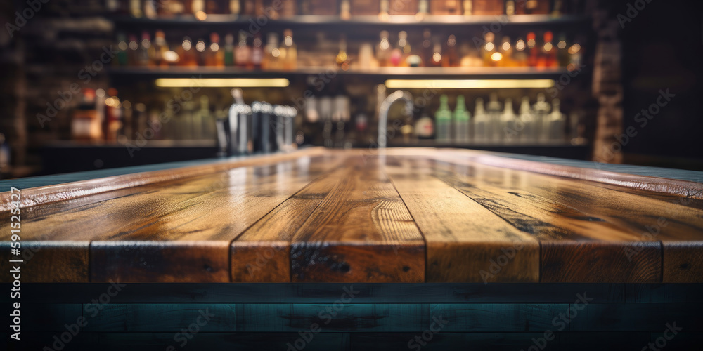 Poster an empty wooden counter table top for product display in a pub or bar. generative ai