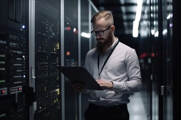 Portrait of man working with server cabinet in data center and using tablet generative AI