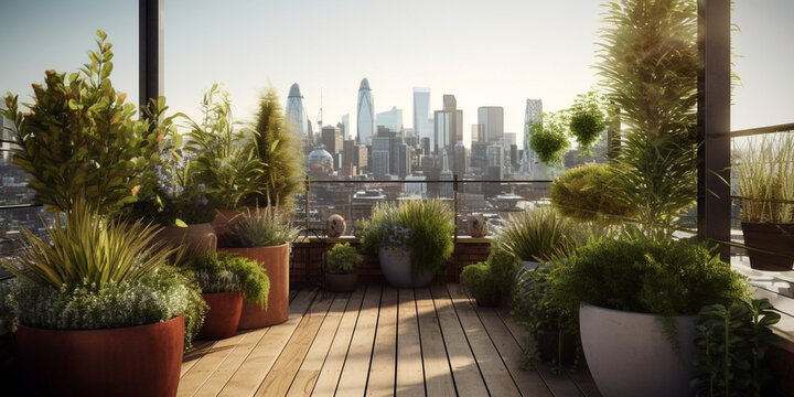 grüne Dachterrasse auf einen Hochhaus in der Stadt, generative AI