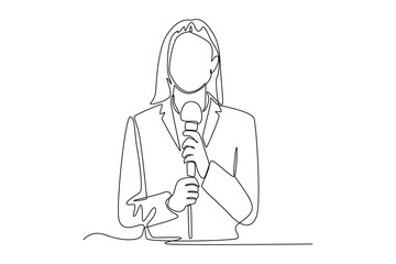Continuous one line drawing Anchor woman holding mic with reporting news. News anchor concept. Single line draw design vector graphic illustration.