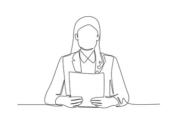 Continuous one line drawing female news anchor reading script. News anchor concept. Single line draw design vector graphic illustration.
