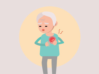 Old man with heart attack, pain touching chest. Heart treatment, health care and disease diagnostic concept. Vector flat illustration. Design for bannerใ