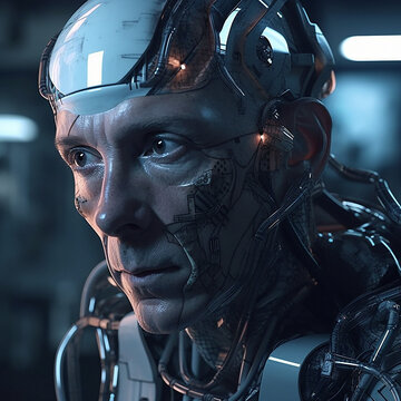 Cyberpunk, cyborg and scifi old man for gaming character, digital video game and futuristic metaverse. Technology, virtual reality and dystopian male at night for fantasy ai generated robot design