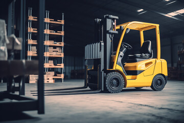 Obraz na płótnie Canvas yellow forklift in a warehouse with cardboard boxes.logistics and delivery concept. ai generative
