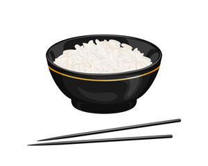 Cooked white rice in black bowl and chopsticks isolated on white background. Vector cartoon illustration of food.