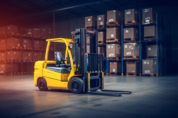 yellow forklift in a warehouse with cardboard boxes.logistics and delivery concept. ai generative