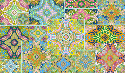 Vector patchwork quilt pattern. Vintage decorative collage. Hand drawn background. Indian, Arabic, Turkish motifs for printing on fabric or paper. Abstract colorful doodle pattern in mosaic style