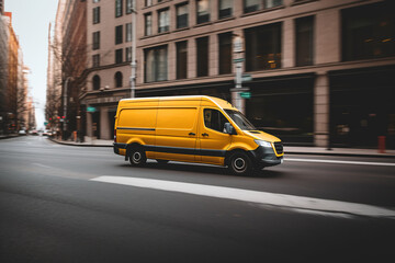 Obraz na płótnie Canvas A yellow delivery van drives fast through the city. logistics and delivery concept.ai generative