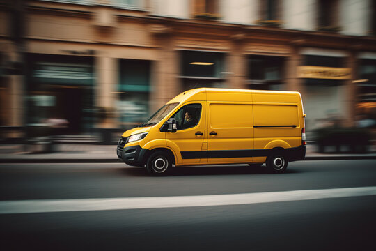 A yellow delivery van drives fast through the city. logistics and delivery concept.ai generative