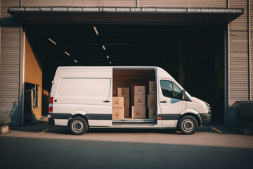 delivery van with open side door. the van stands near the warehouse. logistics and delivery concept. ai generative