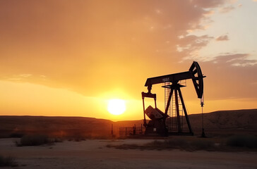 Oil field at sunset, extraction of oil or other natural resources from the ground. Generative ai