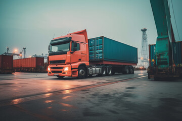 Fototapeta na wymiar the truck stands in the industrial port against the background of containers during unloading. concept of logistics and delivery service. ai generative