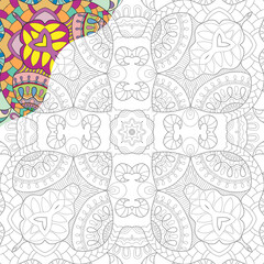 Naklejka premium Decorative doodle pattern for coloring book. Hand drawn fantasy line art, floral geometric ornament for painting, coloring page. Tribal ethnic decoration. Black and white with sample of colors