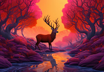 Majestic deer with large antlers standing near sacred river stream at sunset, vigilant guardian spirit of the forest, gentle yet fearless, autumn colors of amber orange and red - generative AI