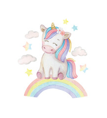 A watercolor vector Unicorn sits on a rainbow.