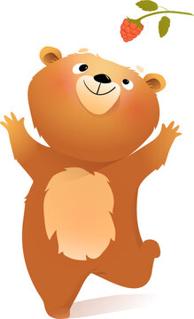 Cute baby teddy bear character in action, reaching up for a berry. Adorable playful animal character for kids projects. Vector isolated animals clipart for children.