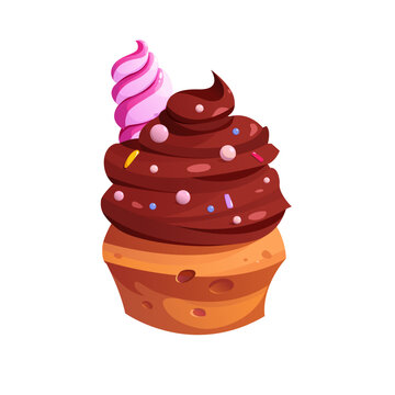 Cupcake with Chocolate Cream and Pastry Sprinkles. Realistic Sweet Dessert. Food Icon. Vector Illustration in Cartoon Style.