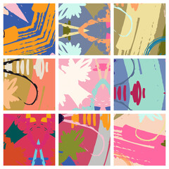 Abstract collage asymmetric pattern. Brush strokes grunge texture. Vector colorful ornament, patchwork quilt style. Digital freehand art backgrounds set for flyer, poster, cover, textile fabric print