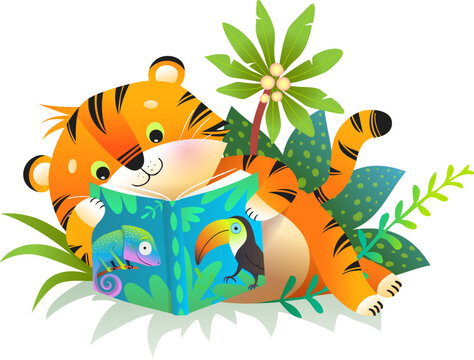 Cute baby tiger character for children reading a book or study among the tropical leaves. Colorful animal character for kids reading book projects studying or library. Vector animal education clipart.