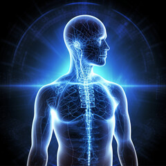 Corpo humano com conexão neural, brilho azul, científico, anatomia, translucido criado com IA