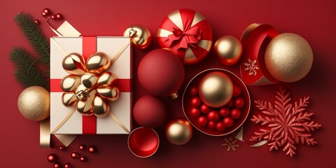 Top view photo of vibrant red Christmas decorations on an isolated red background with plenty of copyspace. Perfect for holiday-themed projects.