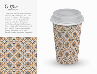 Cardboard paper cup of coffee with ornament and seamless geometric pattern. Take away coffee packaging template, isolated design elements for coffee shop, restaurant menu. Realistic vector cup