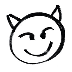 Emoji Smiling Face with Horns, Devil. Hand-drawn with marker pen, Black isolated on white background, jagged strokes, draft, scribble. Brush illustration.