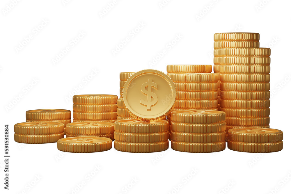 Poster stack gold coins 3d rendering illustration transparency