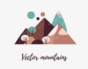 Vector mountains. Scandinavian style. Simple flat illustrations in Nordic style. Nude colors. Mountains landscape for nursery illustrations, prints, design. Isolated on a white background.