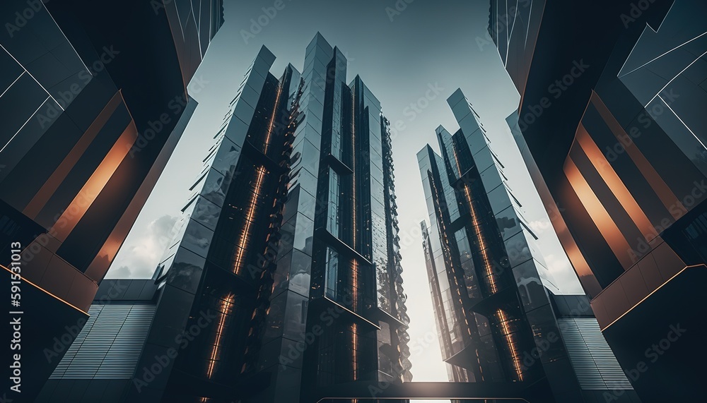 Poster shot from ground level of high-rises and housing complexes generative ai