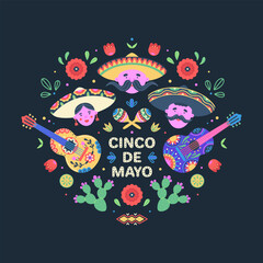 Cinco de Mayo celebration. Mexican holiday. Colorful vector illustration with mariachi singers, guitars and maracas, flowers and cacti on dark background. Design for greeting card, t-short, poster