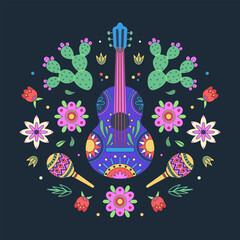 Cinco de Mayo celebration. Mexican holiday. Colorful vector illustration with decorated guitars and maracas in flowers and cacti on black background. Fiesta design for greeting card, t-short, poster