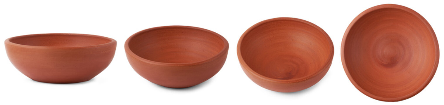 set of empty clay pot or bowl isolated, earthenware containers used to store, cook food and decorative purposes in different angles
