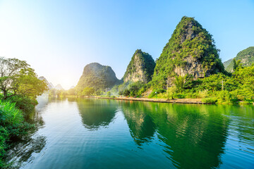 Landscape of Guilin, Li River and Karst mountains. Located near Yangshuo, Guilin, Guangxi, China.