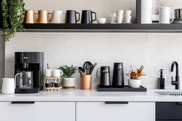 Obraz na płótnie Canvas A modern, minimalist home coffee bar , featuring a sleek espresso machine, a collection of stylish mugs, and an assortment of coffee-making accessories, contemporary backdrop. Generative AI
