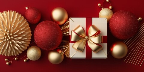 Top view photo of vibrant red Christmas decorations on an isolated red background with plenty of copyspace. Perfect for holiday-themed projects.