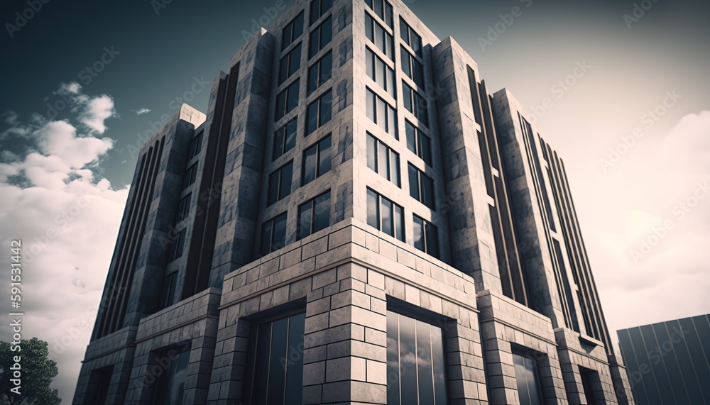 Aufkleber image of a towering stone office building seen from a low vantage point generative ai