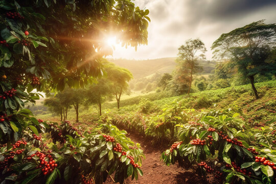 A charming, rustic coffee plantation, showcasing rows of lush, green coffee plants, with ripe, red coffee cherries ready for harvest, sunlit landscape. Generative AI