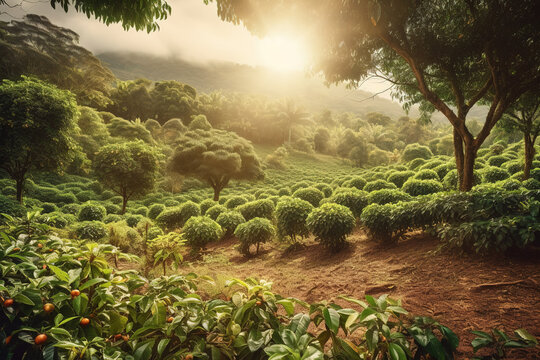 A charming, rustic coffee plantation, showcasing rows of lush, green coffee plants, with ripe, red coffee cherries ready for harvest, sunlit landscape. Generative AI