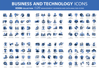 Business, data analysis, organization management and technology icon set. Teamwork, strategy, planning, marketing, cloud technology, data analysis, employee icon set. Icons vector collection